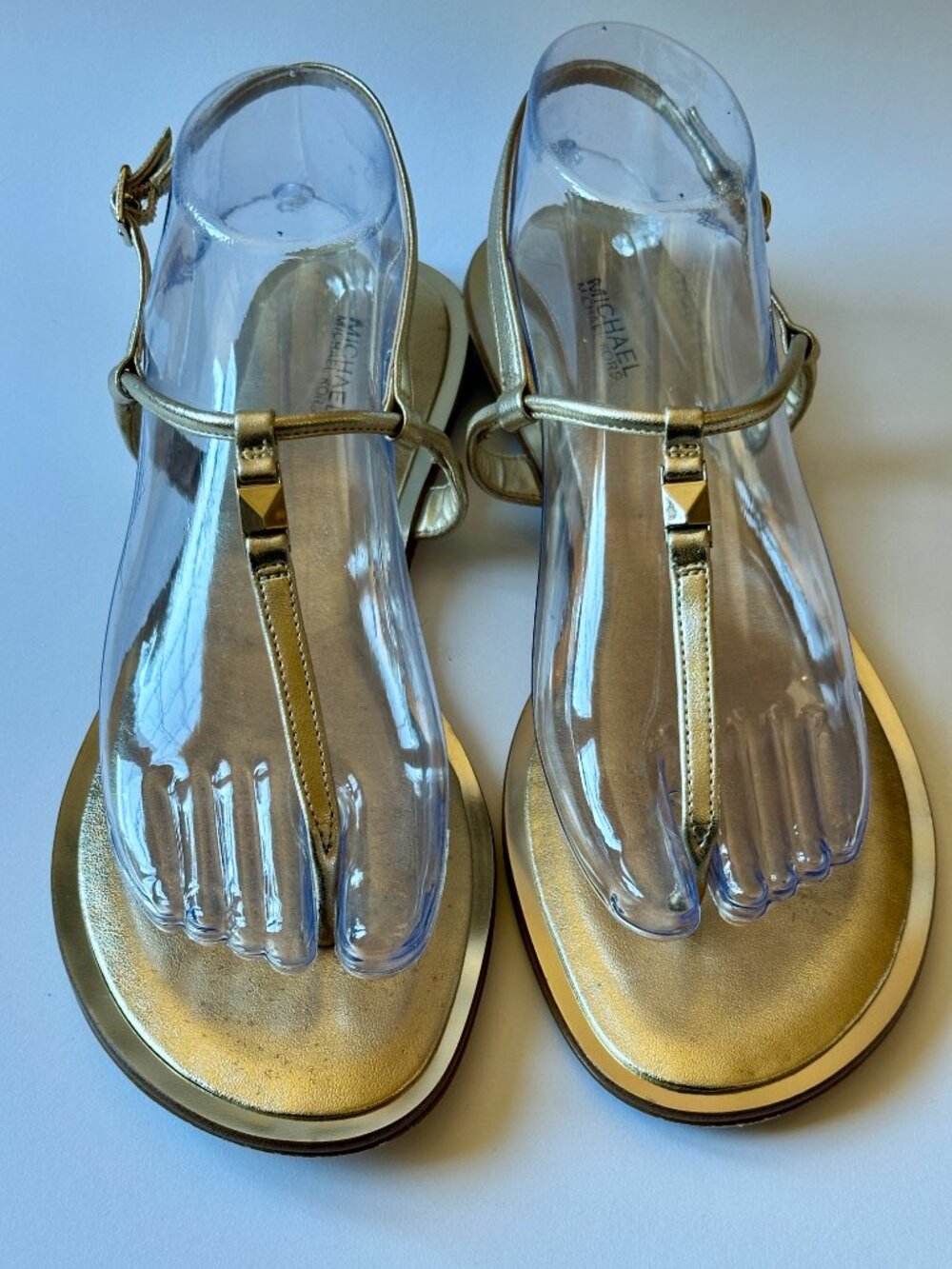 Michael Kors Gold Metallic T-Strap Flat Sandals Size 9M Leather Ankle Strap